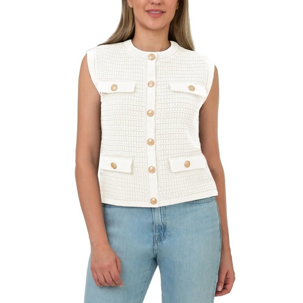 BLANKNYC Womens Sleeveless Sweater Medium Vest Ivory Gold Buttons Old Money Look